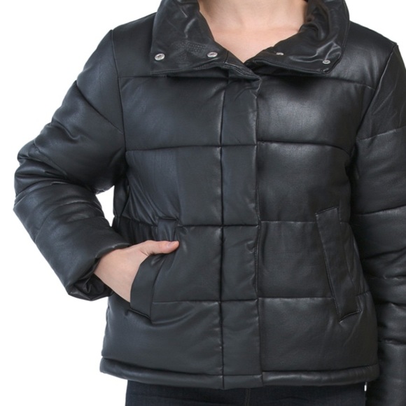 7 for All Mankind Faux Leather Quilted Black Puffer coat puffy winter jacket med - Picture 4 of 16
